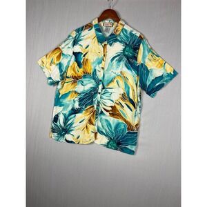 Jamaica Bay Hawaiian Shirt Women XL Teal Yellow Floral Tropical Short Sleeve